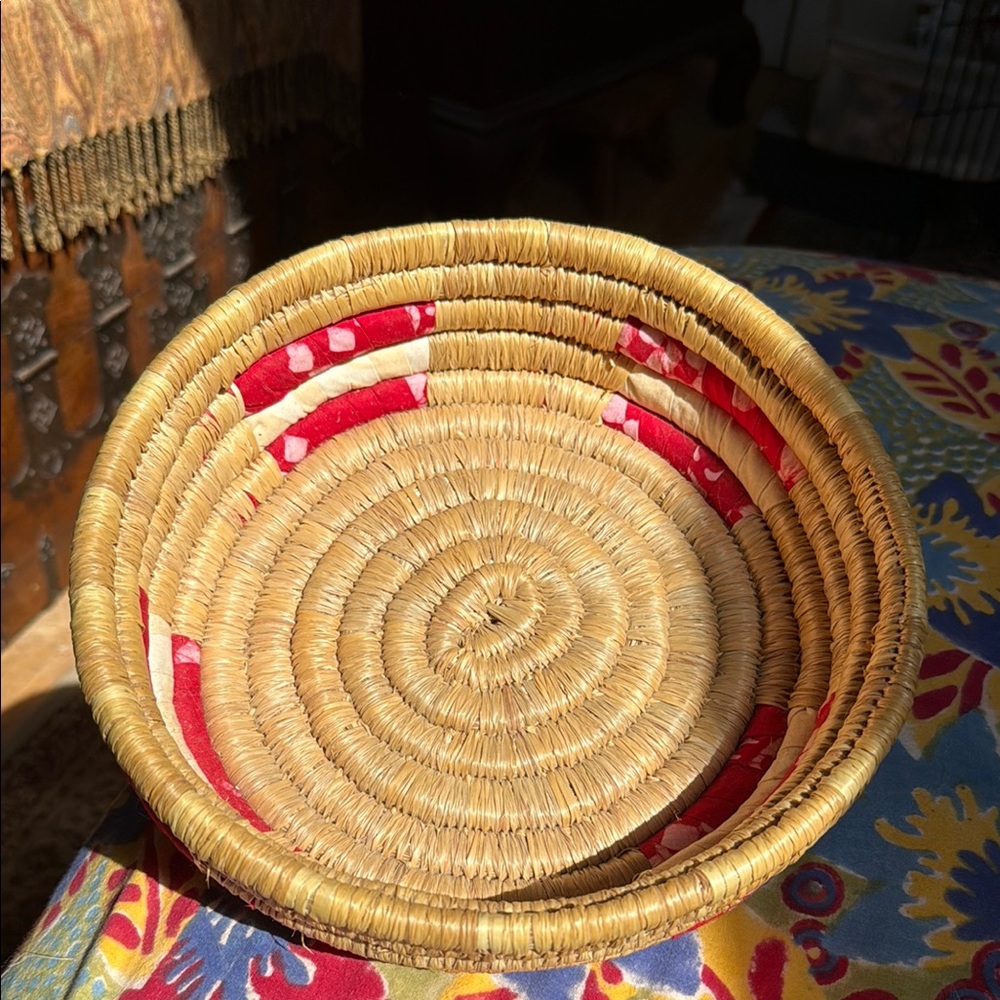 Andros Island Handcrafted Woven Basket with Red Andros Batik Fabric